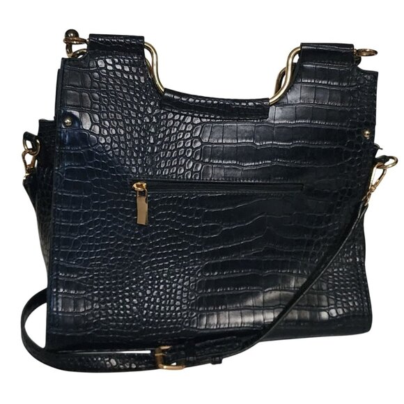 Navy Blue Croc-Embossed Vegan Leather Tote Bag & Wallet Set With Gold-Tone Hardw - Picture 3 of 7